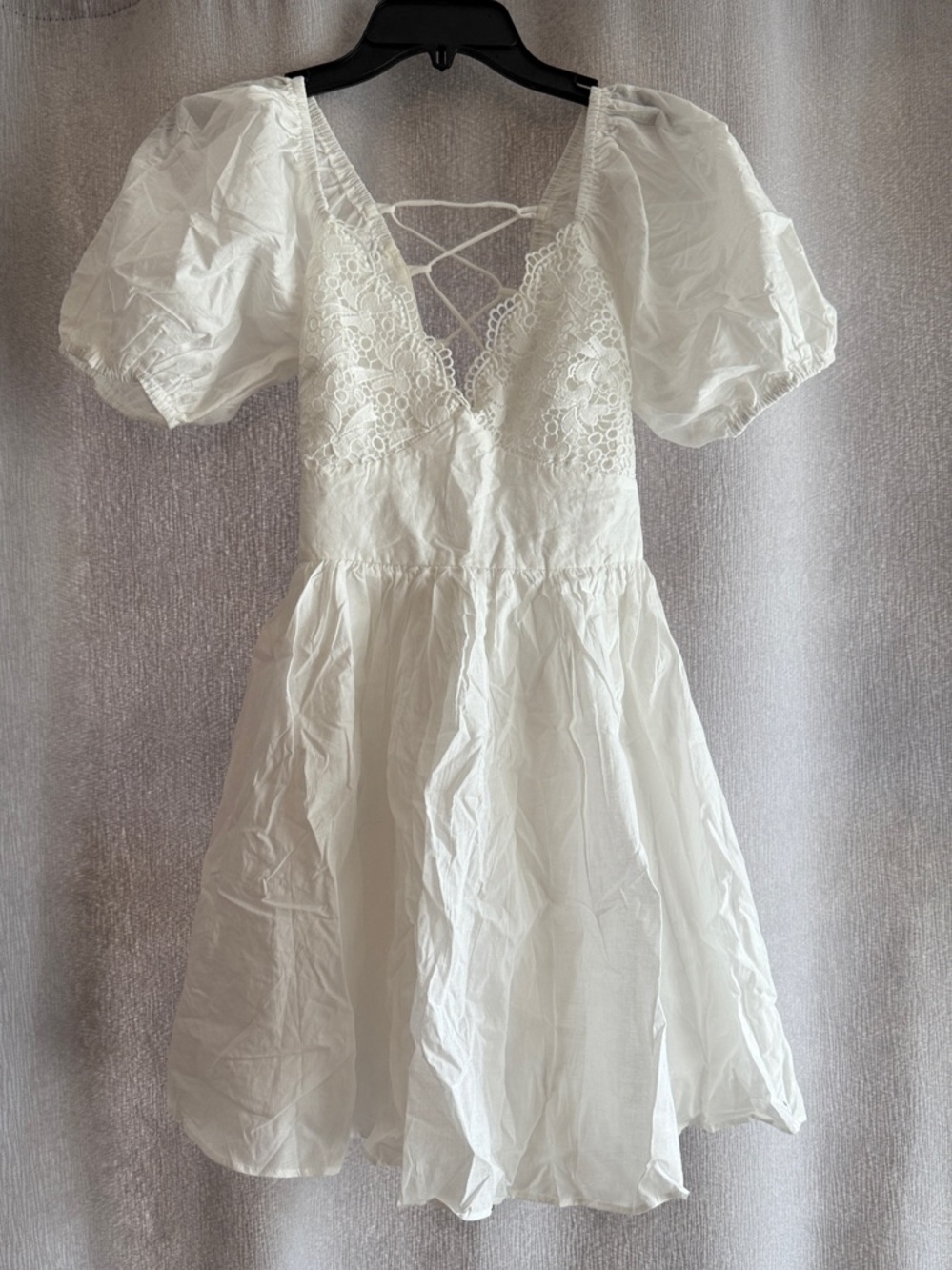 Princess Polly White Lace V-Neck Puff Sleeve Mini Dress